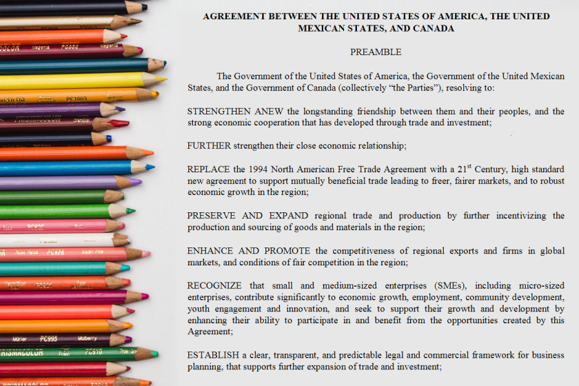 Screenshot of USMCA first page montaged with photo of coloured pencils